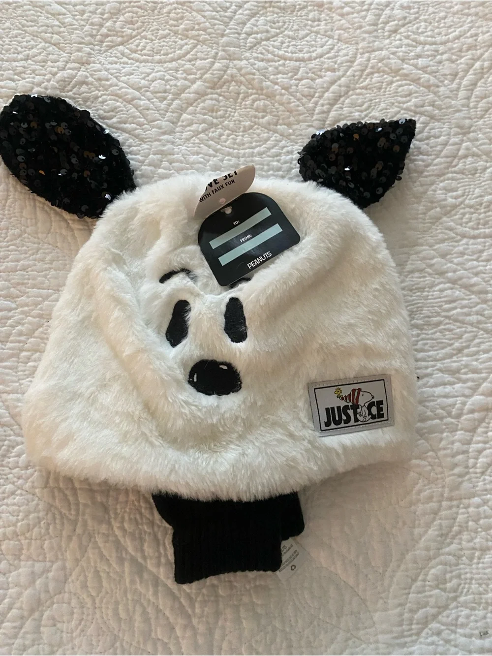 Justice White Faux Fur Panda Beanie with Black Sequin Ears and Black Gloves